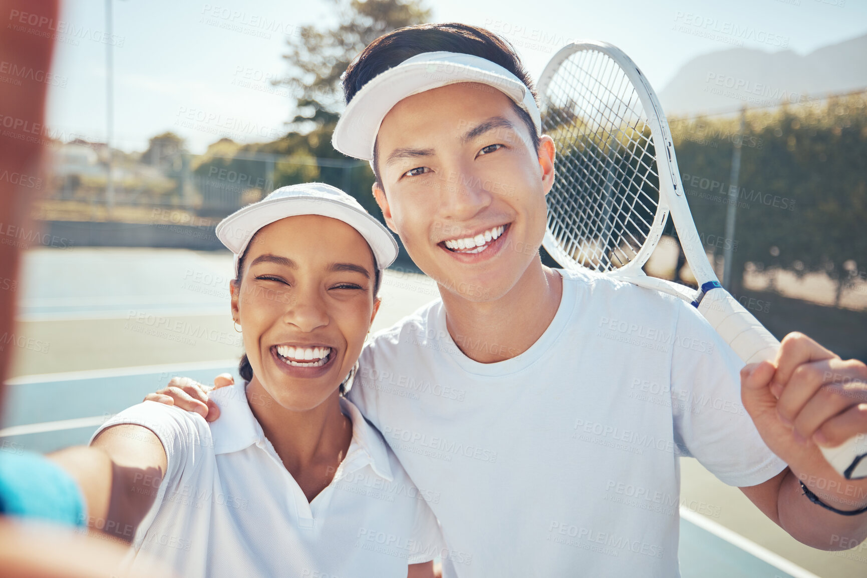Buy stock photo Selfie, tennis and friends with a man and woman taking a photograph on a sports court after a game or match. Training, exercise and workout with a young male and female training in sport for health