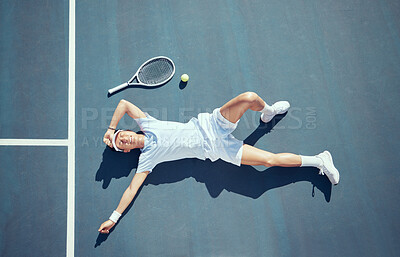 Buy stock photo Tired tennis player, sports burnout and game fatigue on court sport training, muscle injury from exercise on ground and sad about mistake. Depressed and Asian athlete upset about competition loss