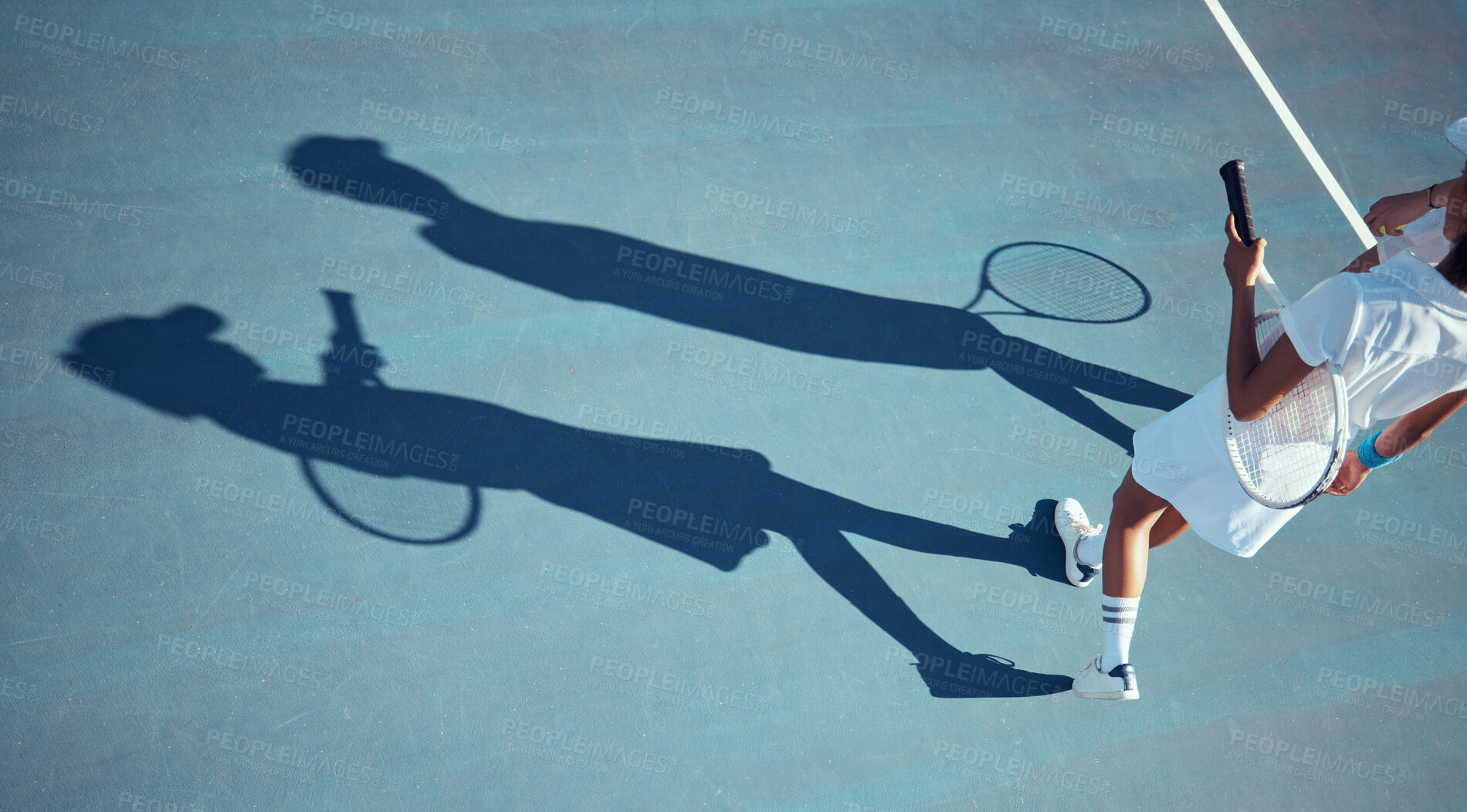 Buy stock photo Tennis, sports and people on court in sunshine with silhouette or shadow and mockup. Active fitness woman, man or professional sport player with racket from above or top in summer with ground mock up