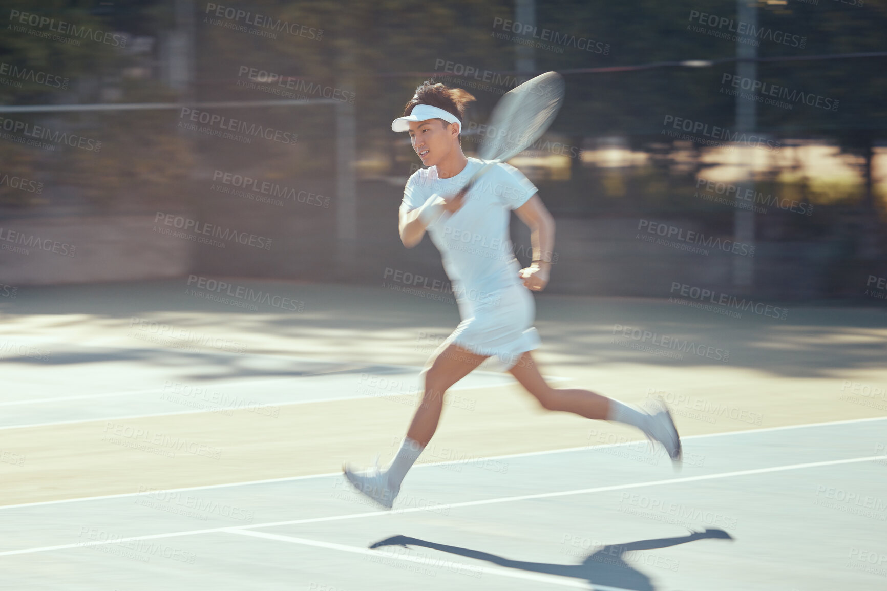 Buy stock photo Tennis sport asian man running on tennis court training, exercise and workout for game or competition cardio goal. Healthy, fitness and motivation competitive player or athlete with fast runner speed