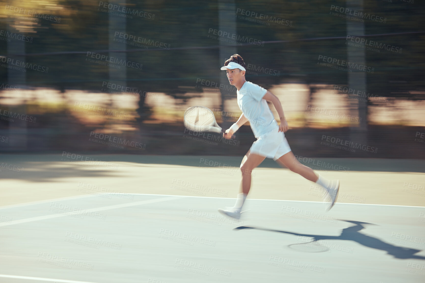 Buy stock photo Running, tennis and action with athlete playing on game court for fitness, training and sports workout. Exercise, motivation and young active tennis player in competition match for health and sport