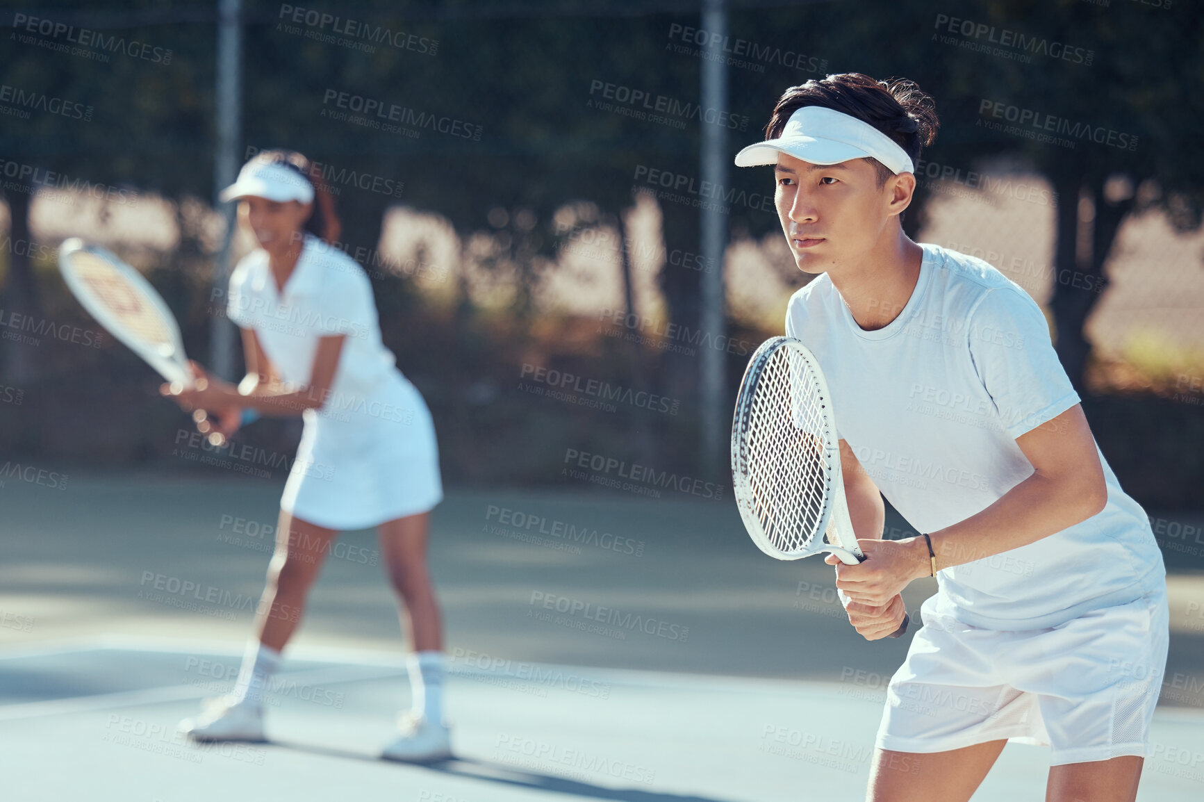 Buy stock photo Tennis player team training for sports competition on court, teamwork for motivation in sport goal and action in collaboration event. Healthy athlete ready to play a game or match in partnership