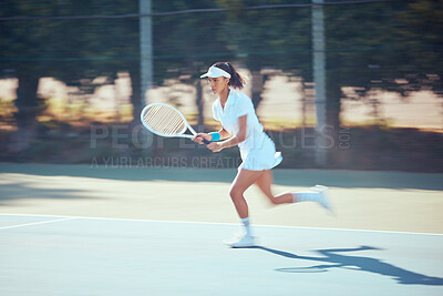 Buy stock photo Tennis woman, serving and competitive sports during practice for match and running with racket at outdoor court. Serious, active and fitness female training for competition, leisure and wellness

