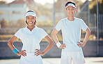 Tennis, teamwork and sports training with athletes on game court together in partnership, competition and unity. Match, fitness and fun with young tennis player and coach in sport exercise 