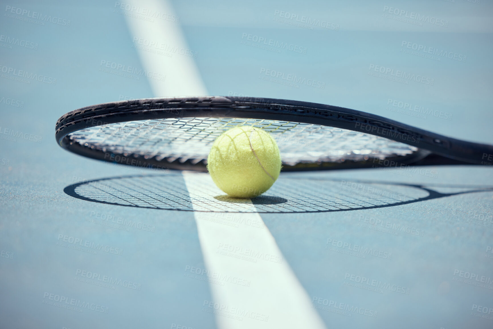 Buy stock photo Tennis court ball, badminton bat and sports ground with racket silhouette, shadow and sunshine on training floor. Outdoor sun background turf for game, playing match and healthy fitness hobby skill