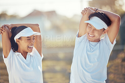 Buy stock photo Tennis players stretching arms for a warm up exercise for the joints or muscles for outdoor sport game. Fit, active and happy man and woman athletes preparing for training or practice for a match.