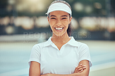 Buy stock photo Sports, happy and portrait of a tennis girl relax after training, exercise and game fitness practice. Winner, wellness and motivation for black woman with happiness after competition on tennis court