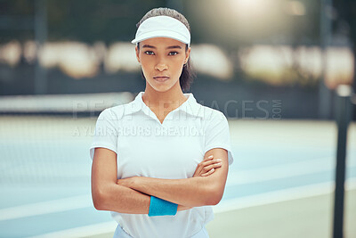 Buy stock photo Tennis, game and motivation focus woman on a sport court in a exercise and fitness game. Portrait of a training sports athlete person from Spain determined for workout success and competitive win
