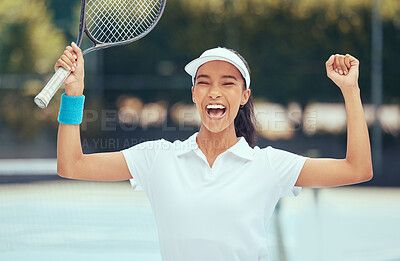 Buy stock photo Happy tennis black woman success celebration winner for winning training match or game achievement on tennis court. Fitness, happiness and competitive sports girl athlete smile and celebrate victory