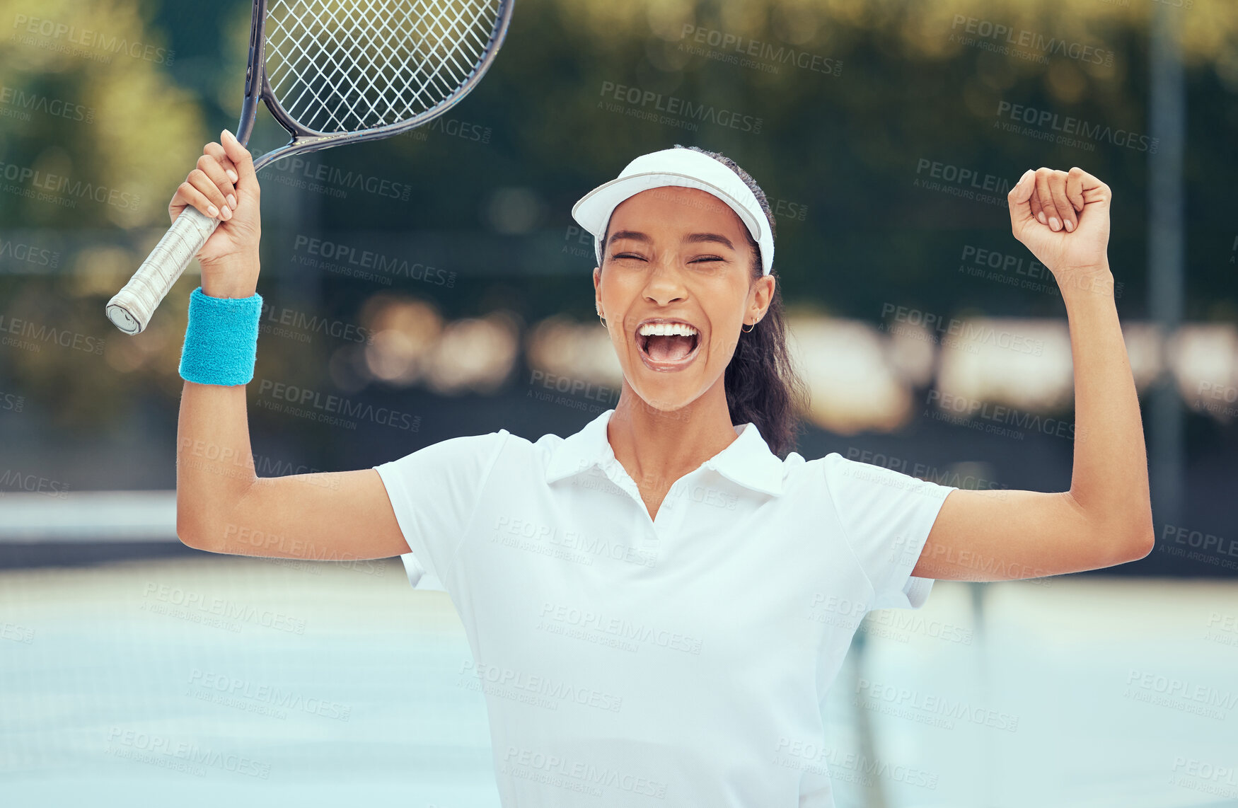 Buy stock photo Happy tennis black woman success celebration winner for winning training match or game achievement on tennis court. Fitness, happiness and competitive sports girl athlete smile and celebrate victory