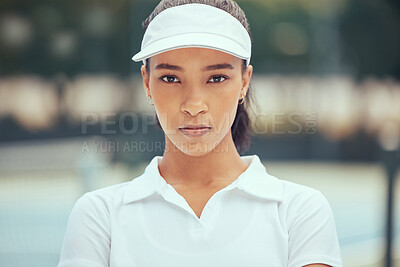 Buy stock photo Tennis, portrait and sports woman with powerful mindset, vision or goal at outdoor court practice, training or match. Young black woman professional player face with fitness mission or game outlook