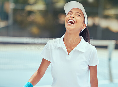 Buy stock photo Sport, winning and tennis success with woman tennis player celebration win during a game on court. Fitness, energy and happy victory by passionate athlete laughing and free after sports achievement