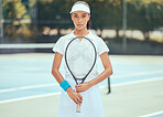 Tennis player, athlete and sports woman training and practising for a match of game with a racket on an outdoor court. Serious, active and fitness girl ready for wellness, exercise and competition