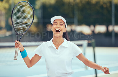 Buy stock photo Victory, winner and tennis player woman celebrating with racket after winning a competition or tournament match at an outdoor court. Happy, excited and a fit sports woman after playing a good game