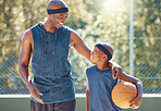 Happy father, son and basketball of black people ready for a match on a warm summer day in the court. Portrait of a African man and boy in sports exercise, training and workout in happiness in nature