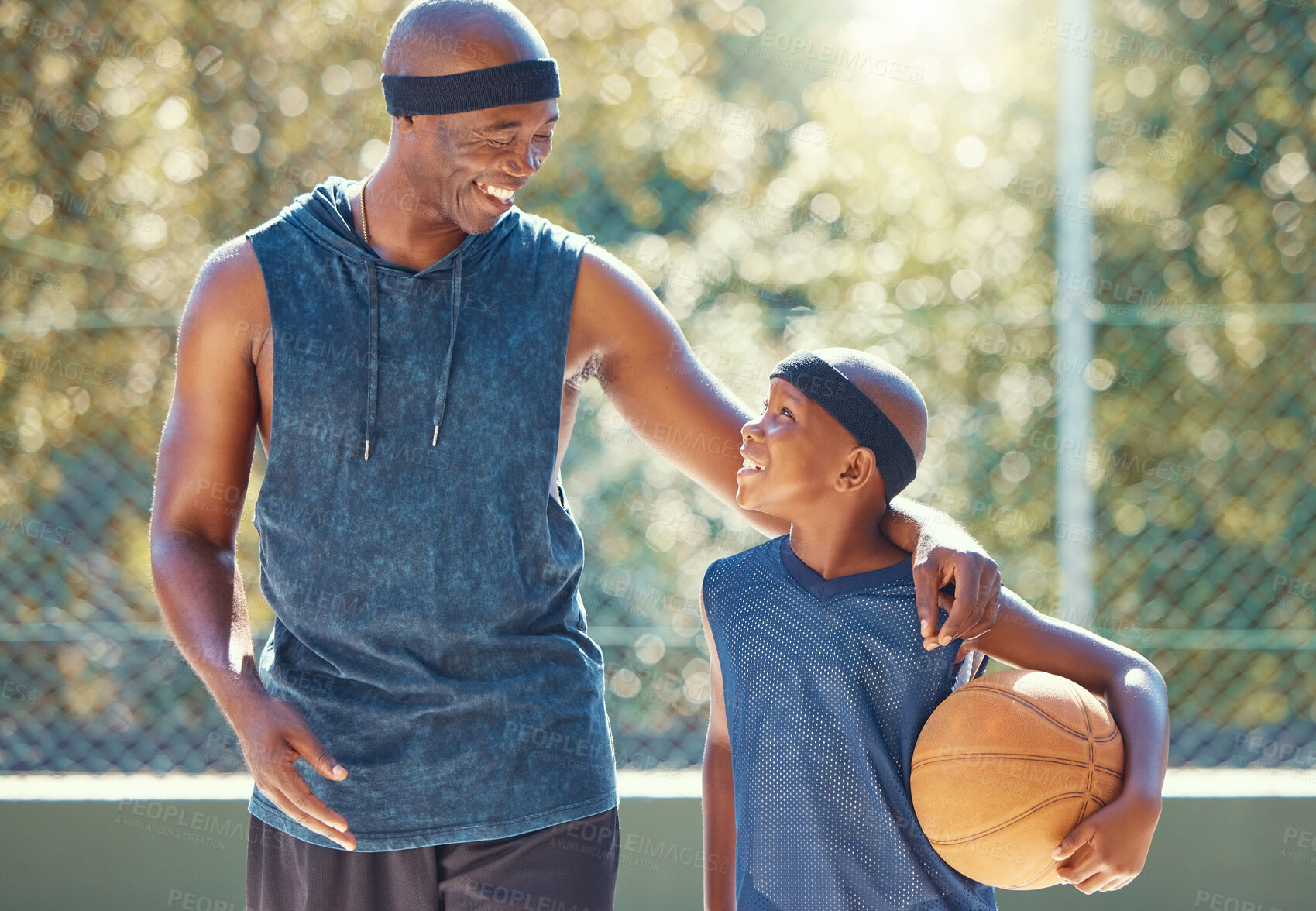 Buy stock photo Happy father, son and basketball of black people ready for a match, teaching and learning in a court. African man and boy in sport motivation exercise, training and workout smiling together in nature