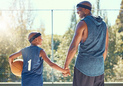 Buy stock photo Basketball, family and sport with a dad and son training on a court outside for fitness and fun. Children, exercise and workout with a father and boy playing basket ball for health and recreation