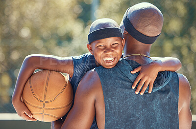 Buy stock photo Portrait of happy boy with father and basketball outdoor after training, workout or practice. Black father carrying his boy after playing sport at a club or court during summer with a cute smile