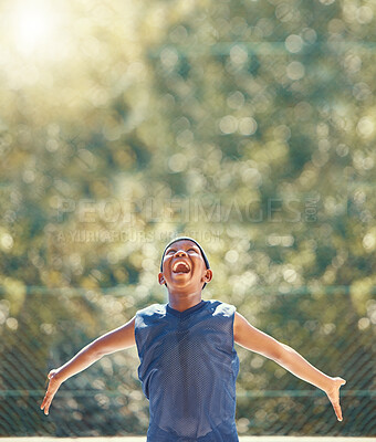 Buy stock photo Happy, excited and shouting basketball child with a smile outdoor on sport court. Black boy playing, enjoy and fitness while training, exercise or practice during summer at sports club with happiness