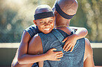 Black father, child or hug on basketball court in sports game, winner match and success in workout, training and exercise. Smile portrait of happy, comic and wow kid with man in fitness bond teamwork