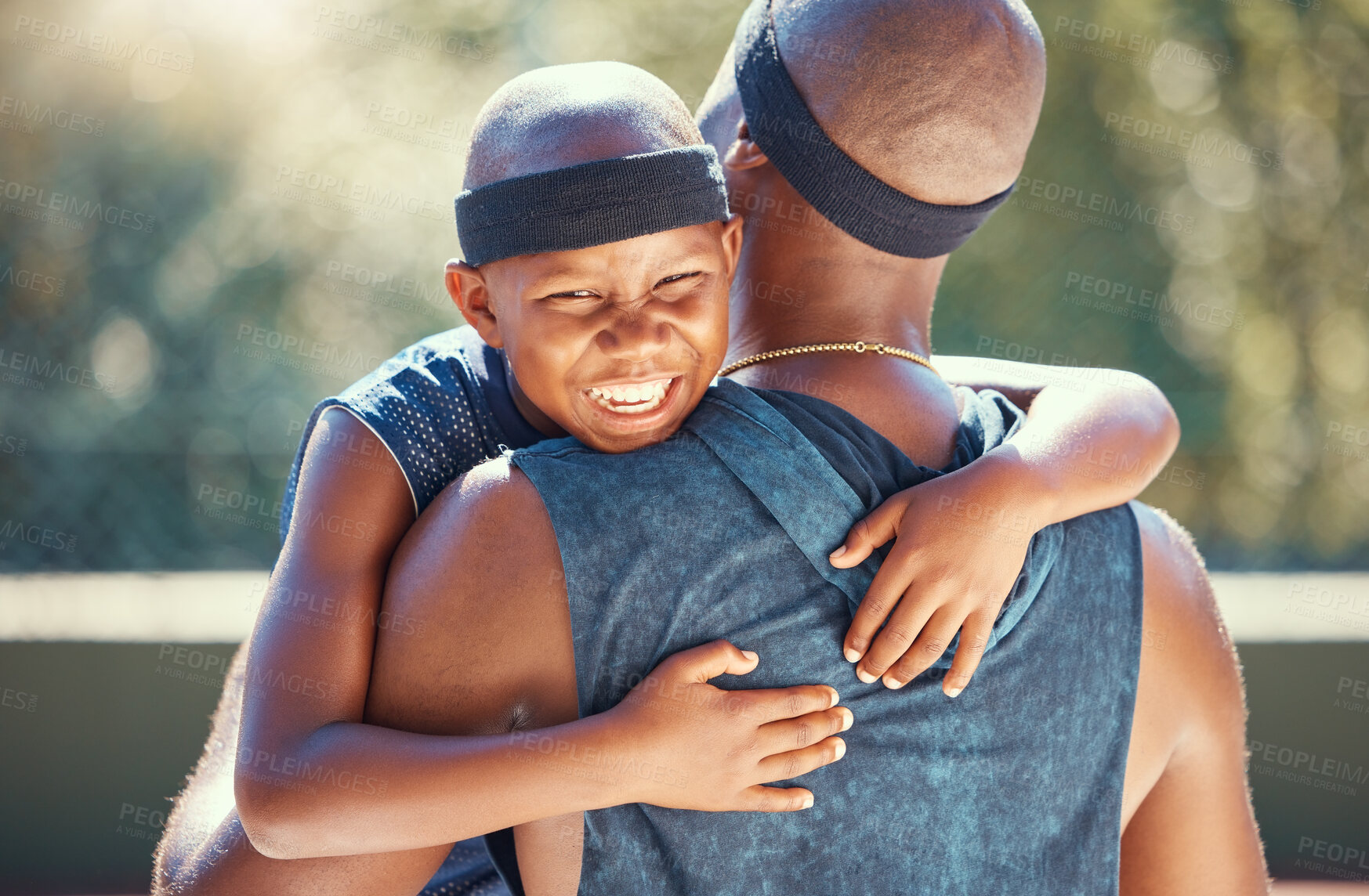 Buy stock photo Black father, child or hug on basketball court in sports game, winner match and success in workout, training and exercise. Smile portrait of happy, comic and wow kid with man in fitness bond teamwork