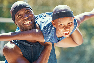 Buy stock photo Black family, child or father on a basketball court while having fun and playing plane on a sunny day. Smile portrait of happy and excited kid with man sharing a special bond and close relationship