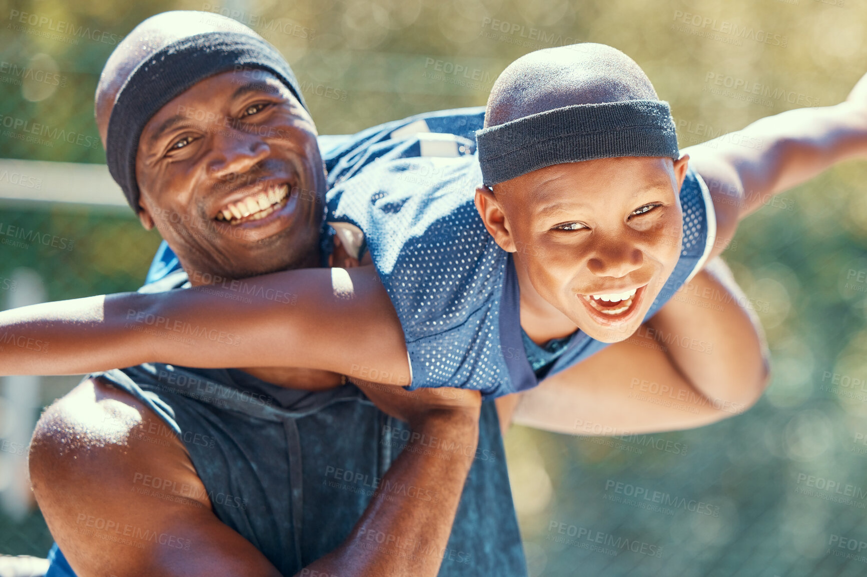 Buy stock photo Black family, child or father on a basketball court while having fun and playing plane on a sunny day. Smile portrait of happy and excited kid with man sharing a special bond and close relationship