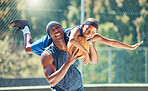 Basketball court, father and child with funny gesture for playful parent bonding moment together outside. Happy and healthy black family have fun on outdoor sports fitness exercise break.