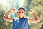 Children, sports and fitness with a cute boy flexing his biceps and having fun with sport outside. Kids, training and workout with a young male child outdoors for exercise, recreation and development