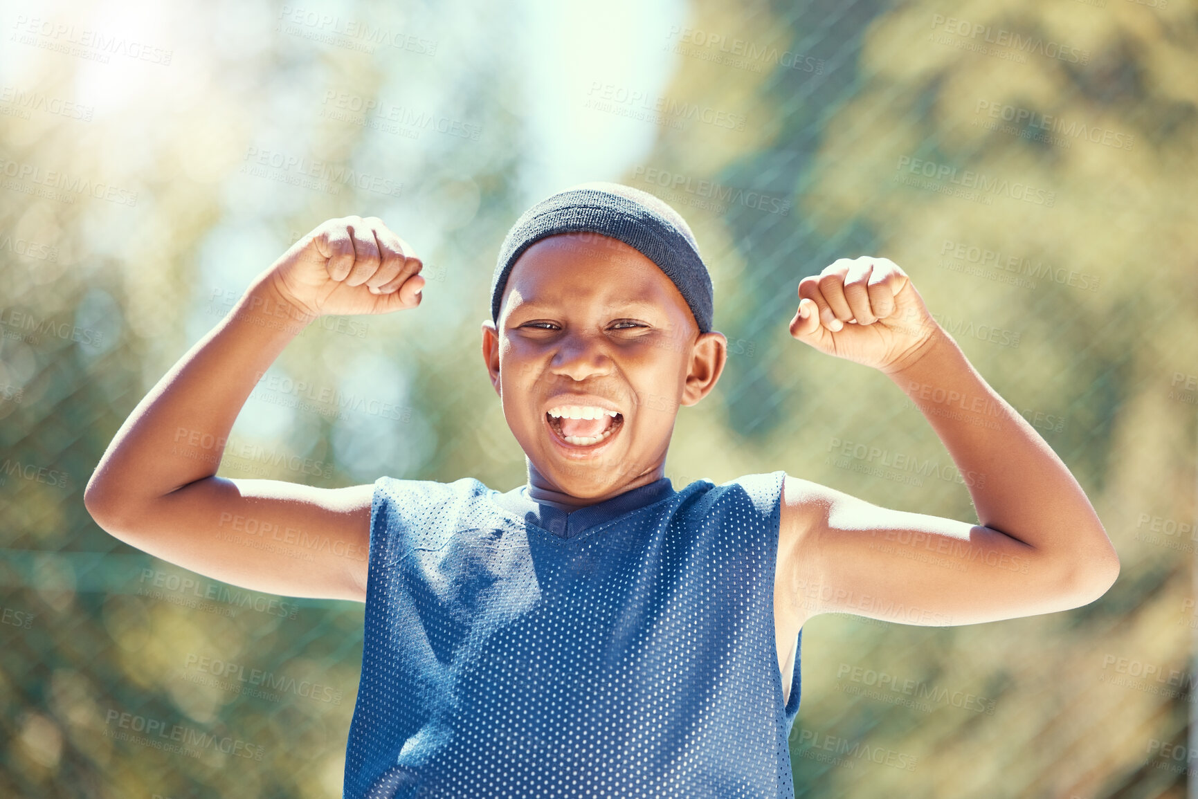 Buy stock photo Children, sports and fitness with a strong boy flexing his biceps and having fun with sport outside. Kids, training and workout with a young male child outdoor for exercise, recreation or development