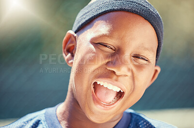 Buy stock photo Fitness, a smile on face and a black child on basketball court in summer. Game, sport and happy healthy kid outside on school sports ground. Exercise, wellness and fun, boy playing in the sun in park
