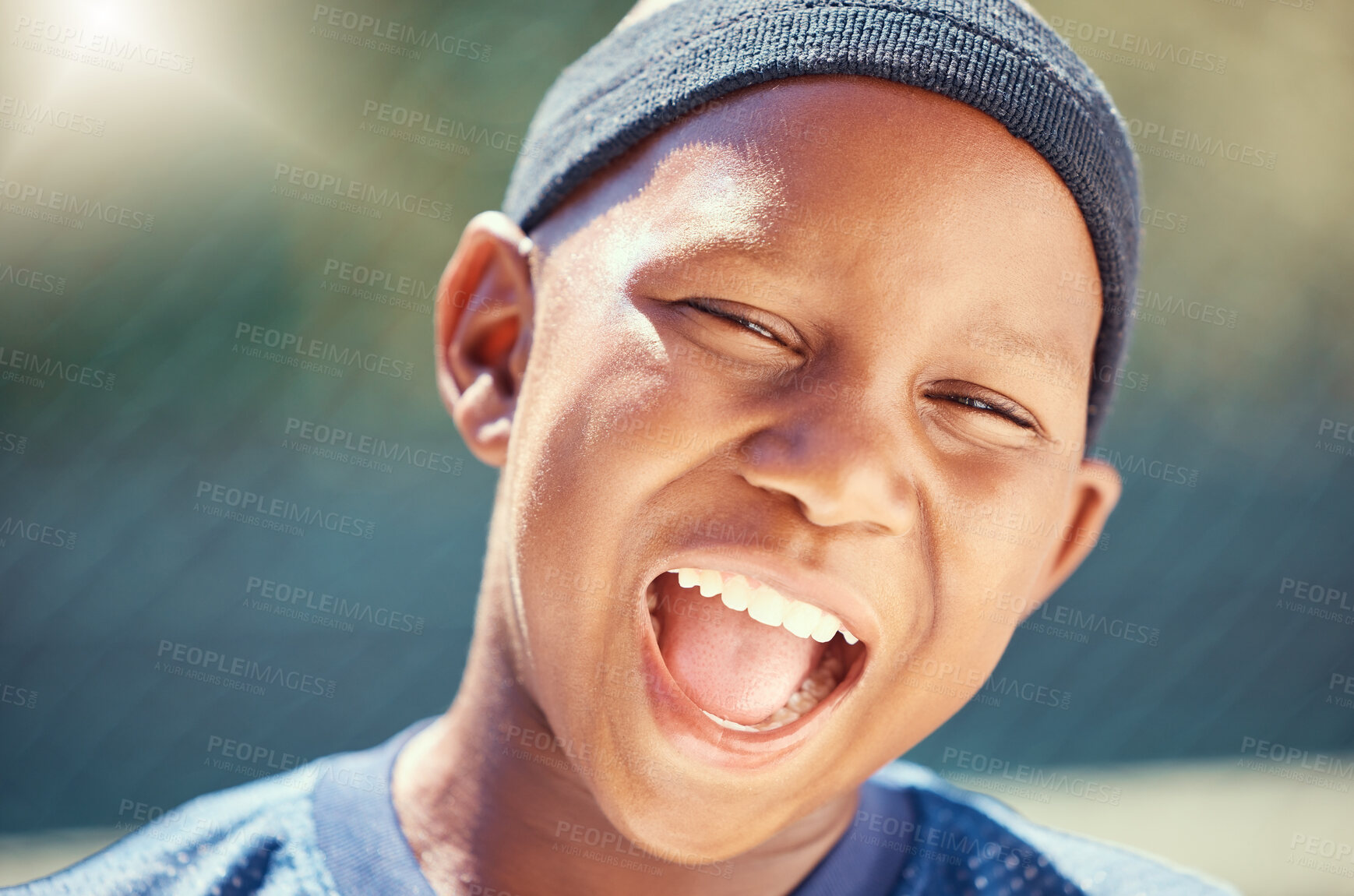 Buy stock photo Fitness, a smile on face and a black child on basketball court in summer. Game, sport and happy healthy kid outside on school sports ground. Exercise, wellness and fun, boy playing in the sun in park