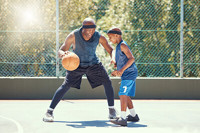 Basketball, family and teaching sport with a dad and son training on a court outside for leisure fitness and fun. Black man and kid doing exercise and workout playing a game for health and recreation