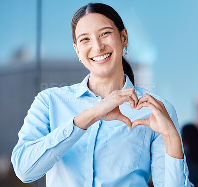 Buy stock photo Hands, heart sign and business woman with smile, affection or love emoji. Portrait of happy corporate female, romance or hand symbol or emotion shape, intimacy or adoration, support or affection.
