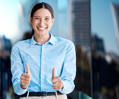 Buy stock photo Thumbs up, hands and success with a business woman saying thank you, yes and happy to be a winner. Motivation, goal and target with a young female making a gesture in agreement or satisfaction