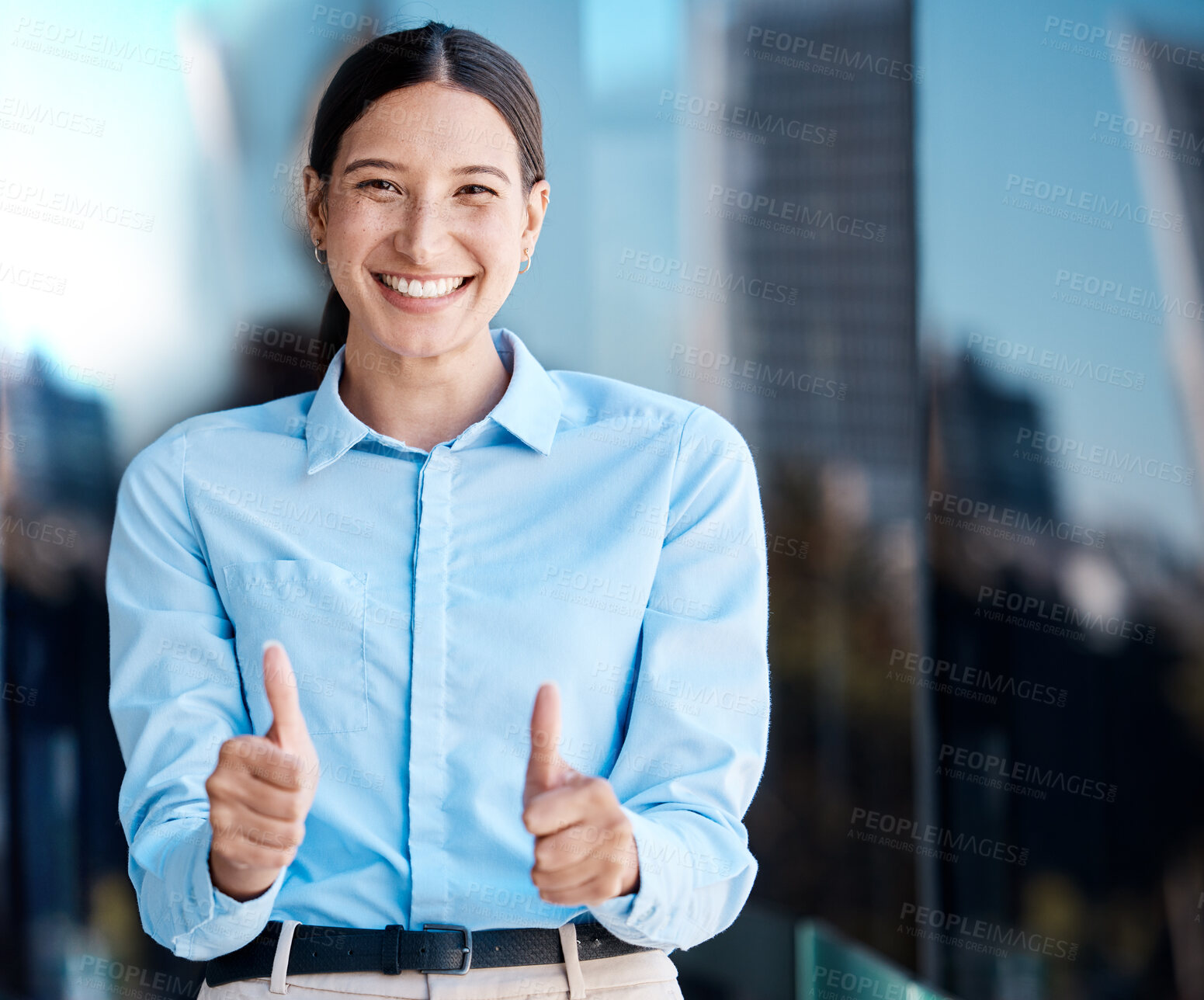 Buy stock photo Thumbs up, hands and success with a business woman saying thank you, yes and happy to be a winner. Motivation, goal and target with a young female making a gesture in agreement or satisfaction