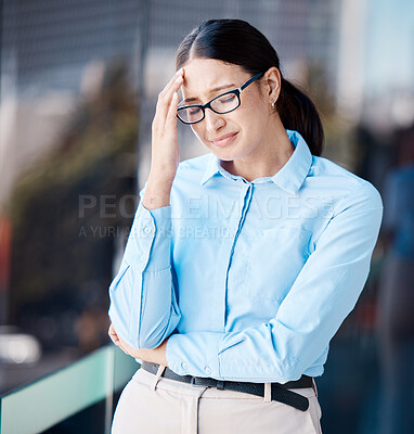 Buy stock photo Stress, depression and crying of a business woman feeling overwhelmed, tired and sad while under pressure and struggling with mental health outside. Failure, mistake and anxiety after being fired