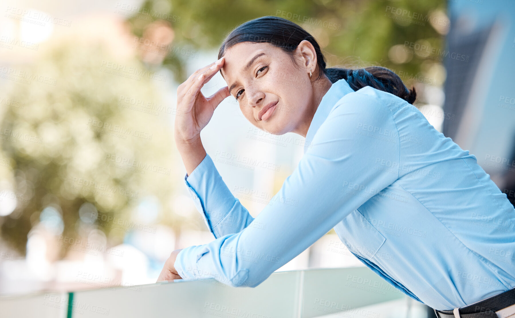 Buy stock photo Stress, frustrated or annoyed business woman on office balcony with headache, anxiety or mental health burnout. Mexican employee portrait, worker or corporate person angry after company mistake fail