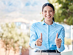 Smile, happy and thumbs up woman or management employee with confident smile, trust and friendly leader. Corporate businesswoman or girl manager proud with agreement and success of motivation goal