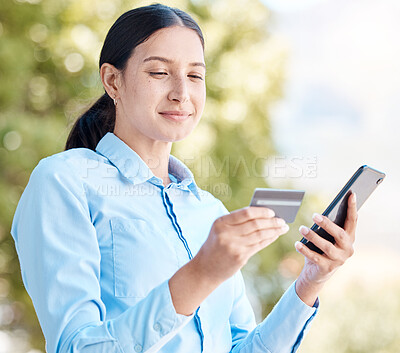 Buy stock photo Retail, ecommerce and credit card phone payment with 5g woman online shopping, financial payment banking in urban city. Corporate employee using a fintech and safe digital bank app or software