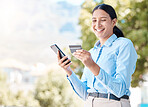 Phone, woman and online shopping with credit card on ecommerce website for fast and easy digital payment. Happy, smile and young girl spending money, ewallet or cash as customer via internet banking