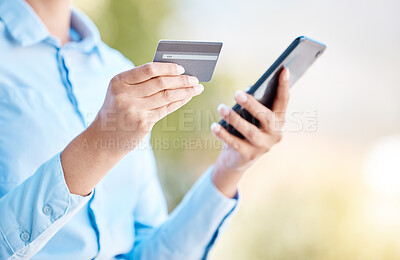 Buy stock photo Credit card, online shopping and phone with woman for ecommerce, fintech and online payment or banking. Finance, retail and safety with internet or app wallet service for cash, business or money