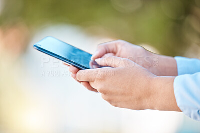 Buy stock photo Communication, social media and a man typing on a phone  in a park with bokeh. Contact, email and technology to talk to friends and family from any location with fast wifi or 5g internet connection