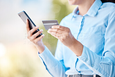 Buy stock photo Ecommerce, online shopping and credit card phone payment by woman in retail in an urban city. Online banking, finance and investing while paying for subscription and bills on an internet app