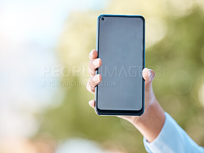 Buy stock photo Hands, smartphone and presentation of mock up for digital app notification online with 5g tech. Person showing email, update glitch or social media communication response on blank screen. 