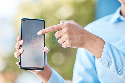 Buy stock photo Woman pointing mockup phone screen, mobile apps and marketing, advertising and blank brand space in urban city. Hands holding internet technology, social media website contact and www connect online