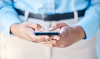 Buy stock photo Mobile phone hands, business woman and digital contact, communication and texting on smartphone tech. Closeup person typing, reading apps and internet connecting with online technology notification