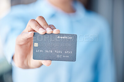 Buy stock photo Finance, savings and a credit card in hand, woman with financial freedom blurred in background. Banking, overdraft and a budget for retail or online shopping. Investment, payment and access to money.