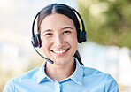 Sales woman portrait, call center agent and customer service support employee for advice, help and expert communication outdoor. Young internet consultant face, smile crm telemarketing and contact us