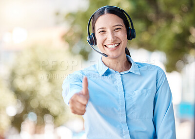 Buy stock photo Thumbs up for success, call center support and woman working at crm telemarketing company in city, employee agreement and consultant thank you. Portrait of happy and smile customer service worker